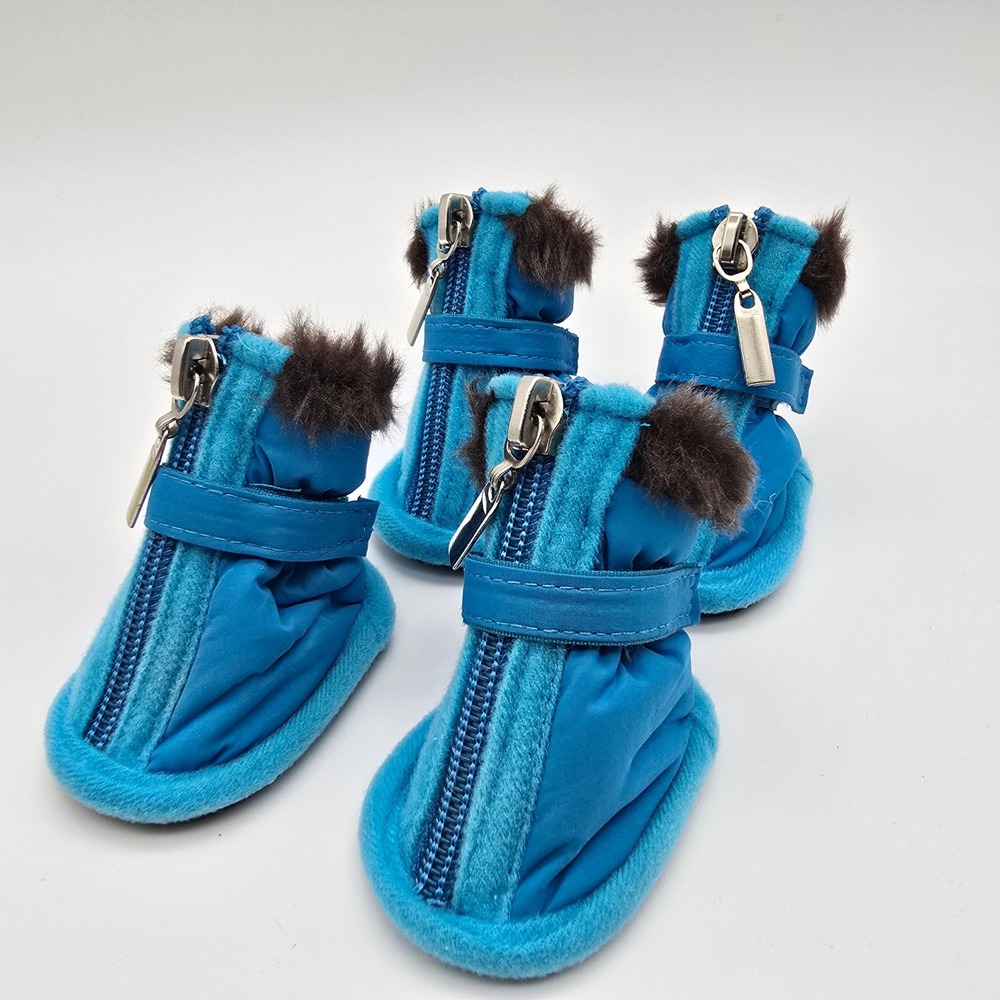 Blue Dog Winter Boots Set of 4 Faux Fur Trim Non-Slip Shoes XS Small Pet Paws